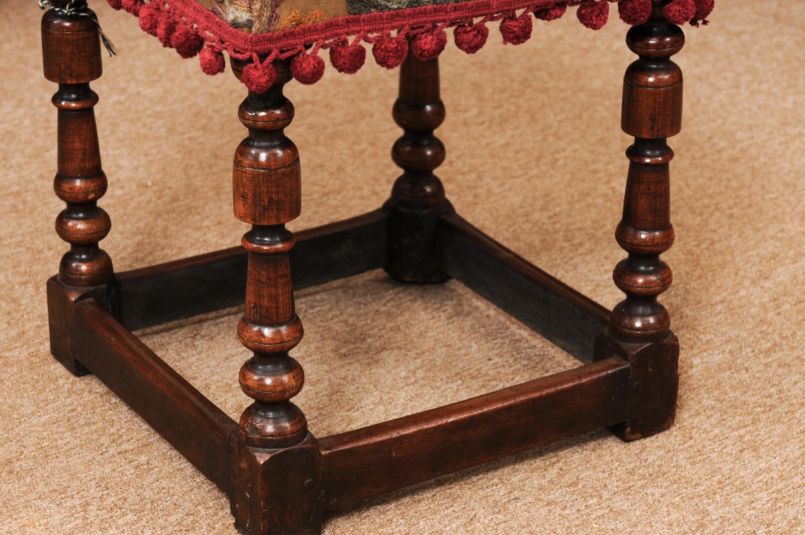 18th Century French LXIII Style Walnut Bench with Crewell Work Upholstery For Sale 1