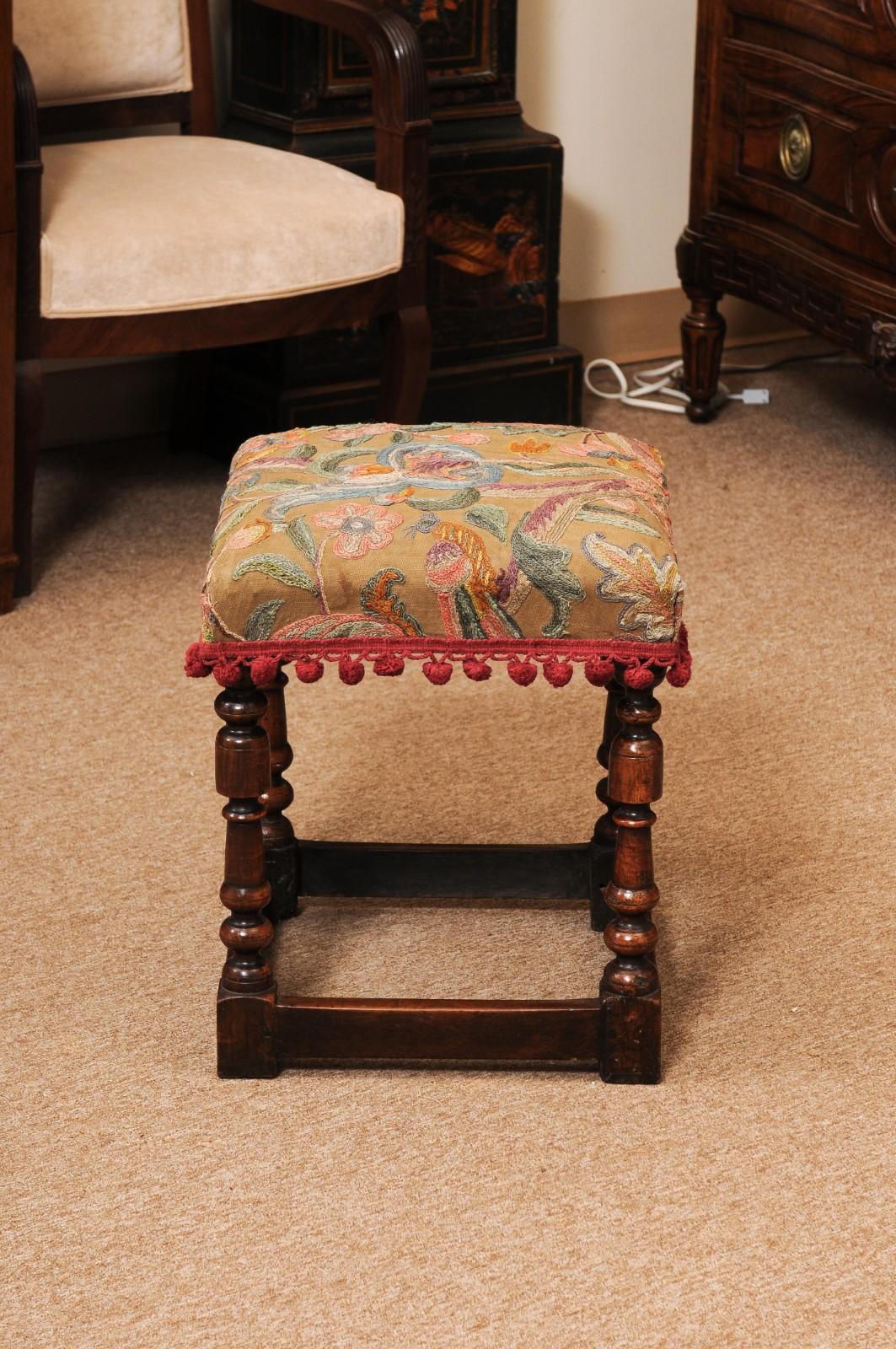 18th Century French LXIII Style Walnut Bench with Crewell Work Upholstery For Sale 4