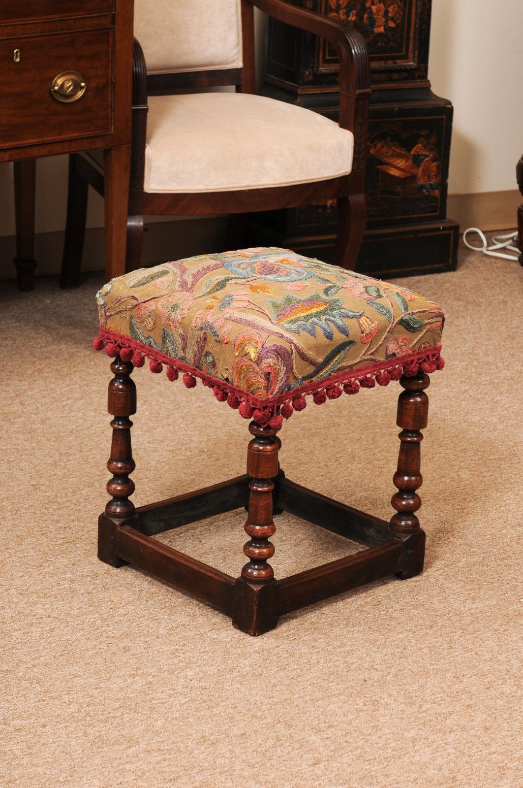 18th Century French LXIII Style Walnut Bench with Crewell Work Upholstery For Sale 8