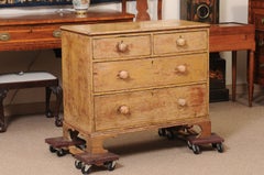 English 19th Century Yellow Painted Chest with Ebonized Detail, Wooden Pulls