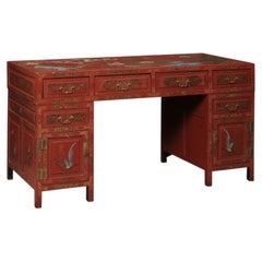 Chinese Export Red Lacquered Partner’s Pedestal Desk, Early 20th Century