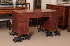Chinese Export Red Lacquered Partner’s Pedestal Desk, Early 20th Century