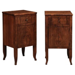 Pair of Late 18th Century Italian Walnut Bedside Commodini with Door & Drawer