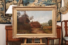 Large Landscape Painting of Farmhouse with Thatched Roof in Giltwood Frame