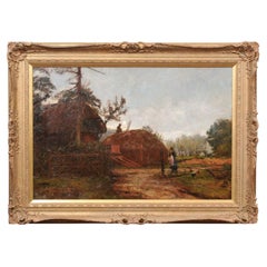 Large Landscape Painting of Farmhouse with Thatched Roof in Giltwood Frame