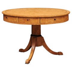 Biedemeier 19th Century Drum Table in Birch, Burled Elm and Rosewood