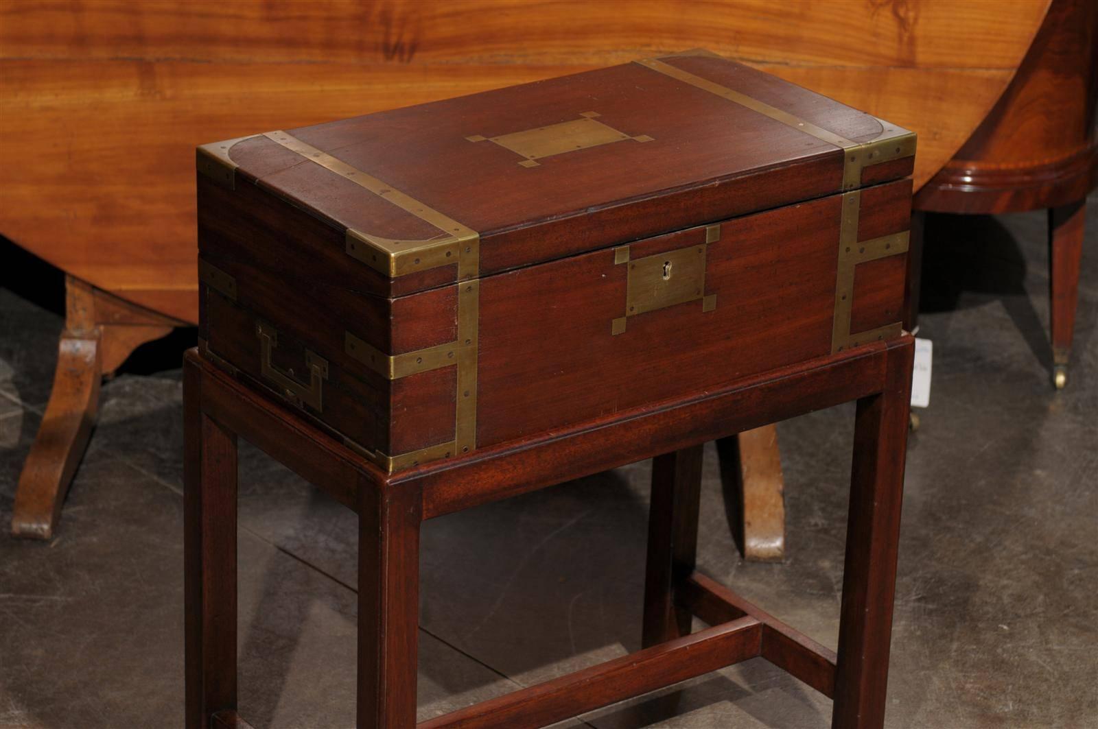 19th Century English Lap Desk Writing Box with Brass Accents and Custom Stand, circa 1860