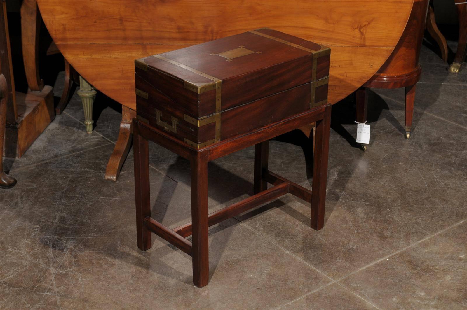 Campaign English Lap Desk Writing Box with Brass Accents and Custom Stand, circa 1860