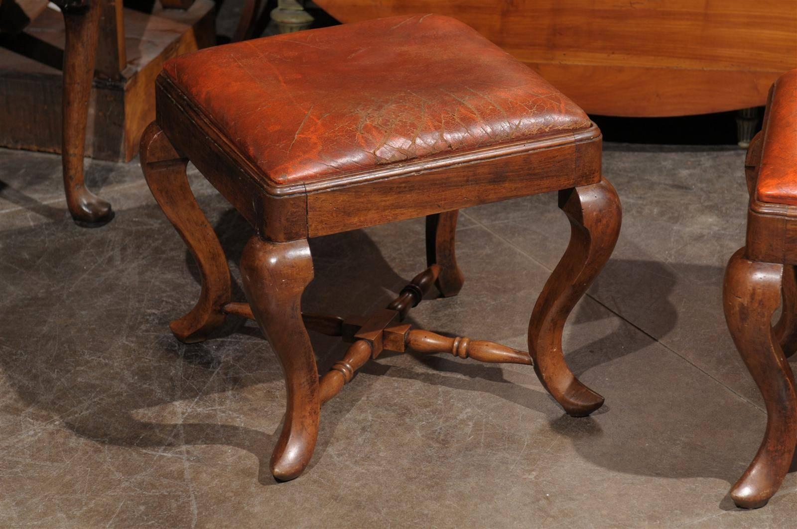 Pair of Italian Wood and Leather Stools from the Late 19th Century In Good Condition In Atlanta, GA