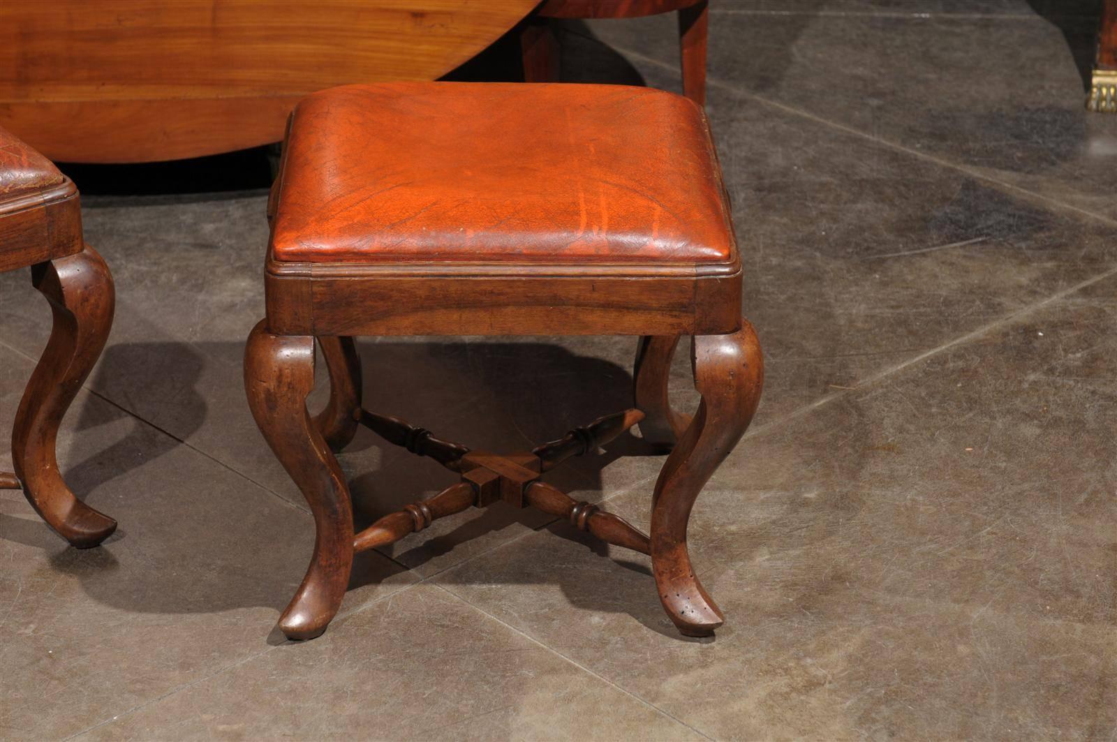 Pair of Italian Wood and Leather Stools from the Late 19th Century 1