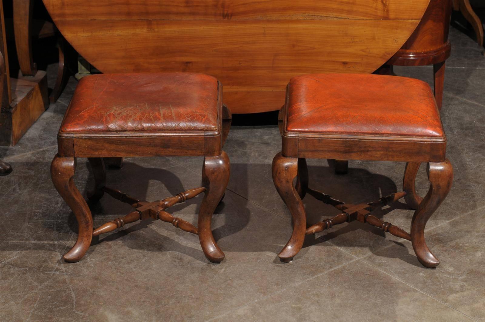 Pair of Italian Wood and Leather Stools from the Late 19th Century 3