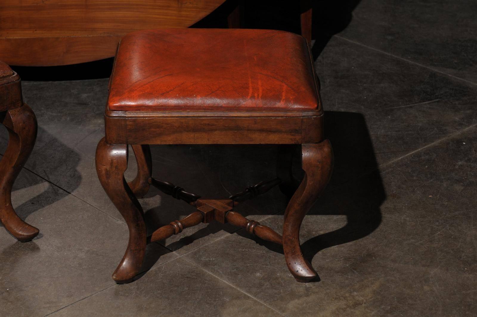 Pair of Italian Wood and Leather Stools from the Late 19th Century 2