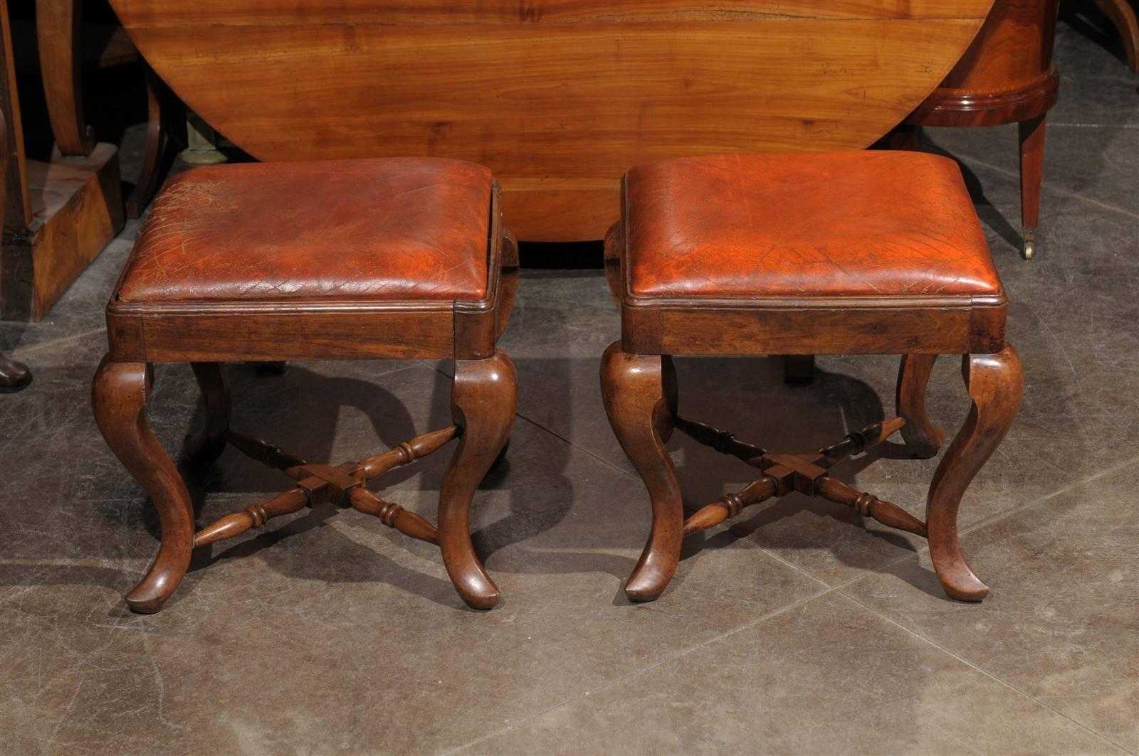 Pair of Italian Wood and Leather Stools from the Late 19th Century 5