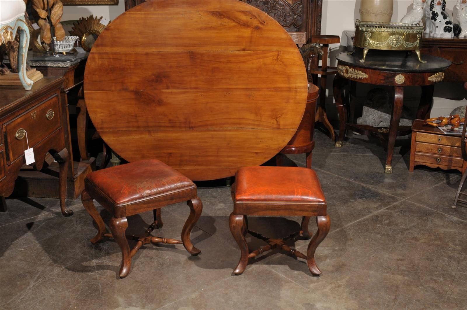 Carved Pair of Italian Wood and Leather Stools from the Late 19th Century