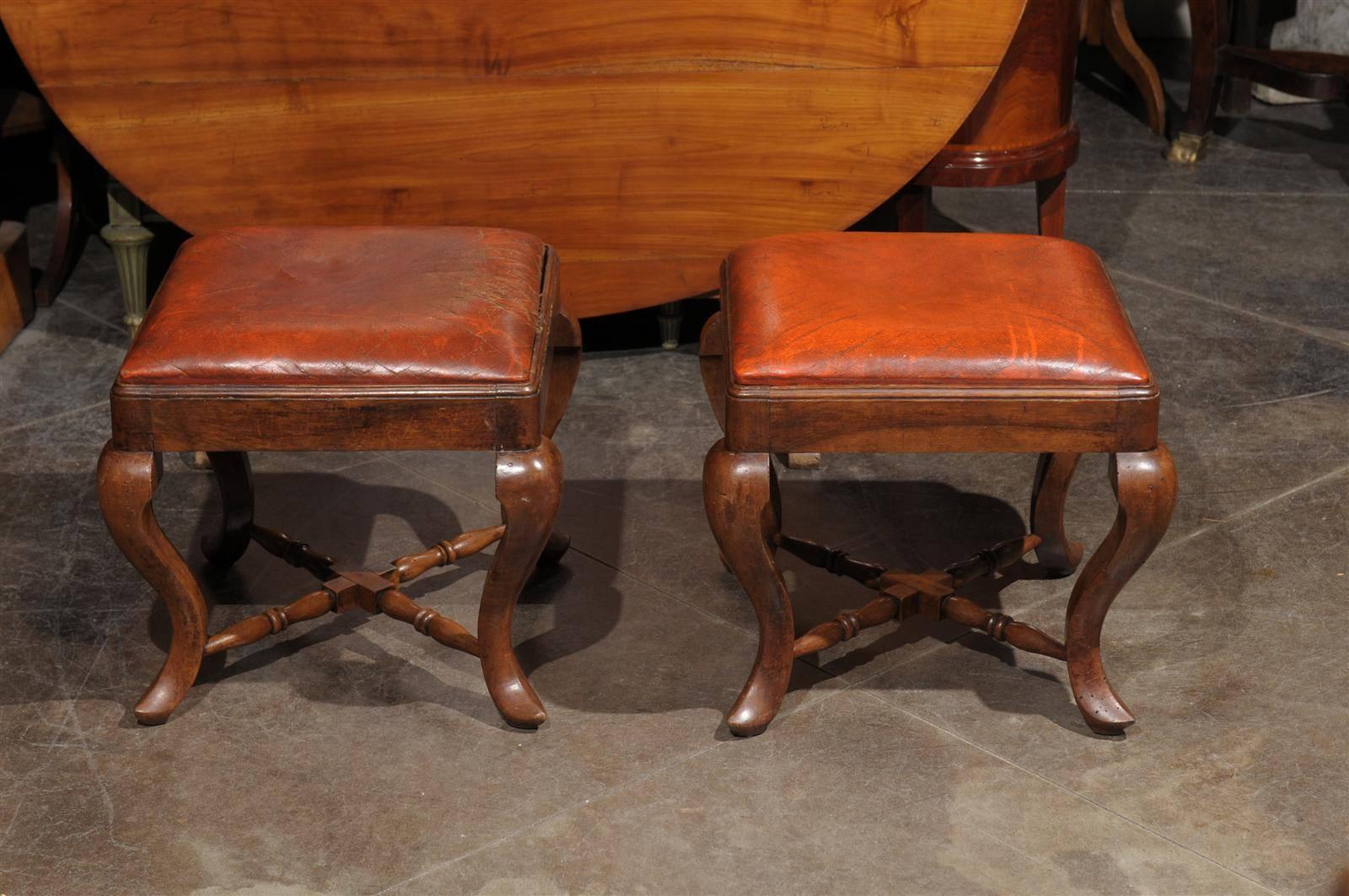 Pair of Italian Wood and Leather Stools from the Late 19th Century 4