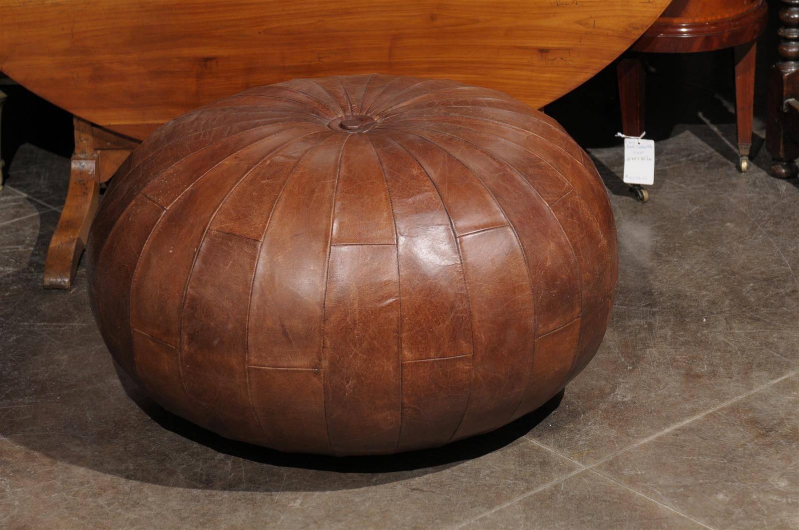 20th Century Leather Pouf or Ottoman