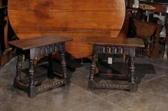Unusual Pair of English 1900s Joint Stools with Carved Legs, Skirt and Stretcher