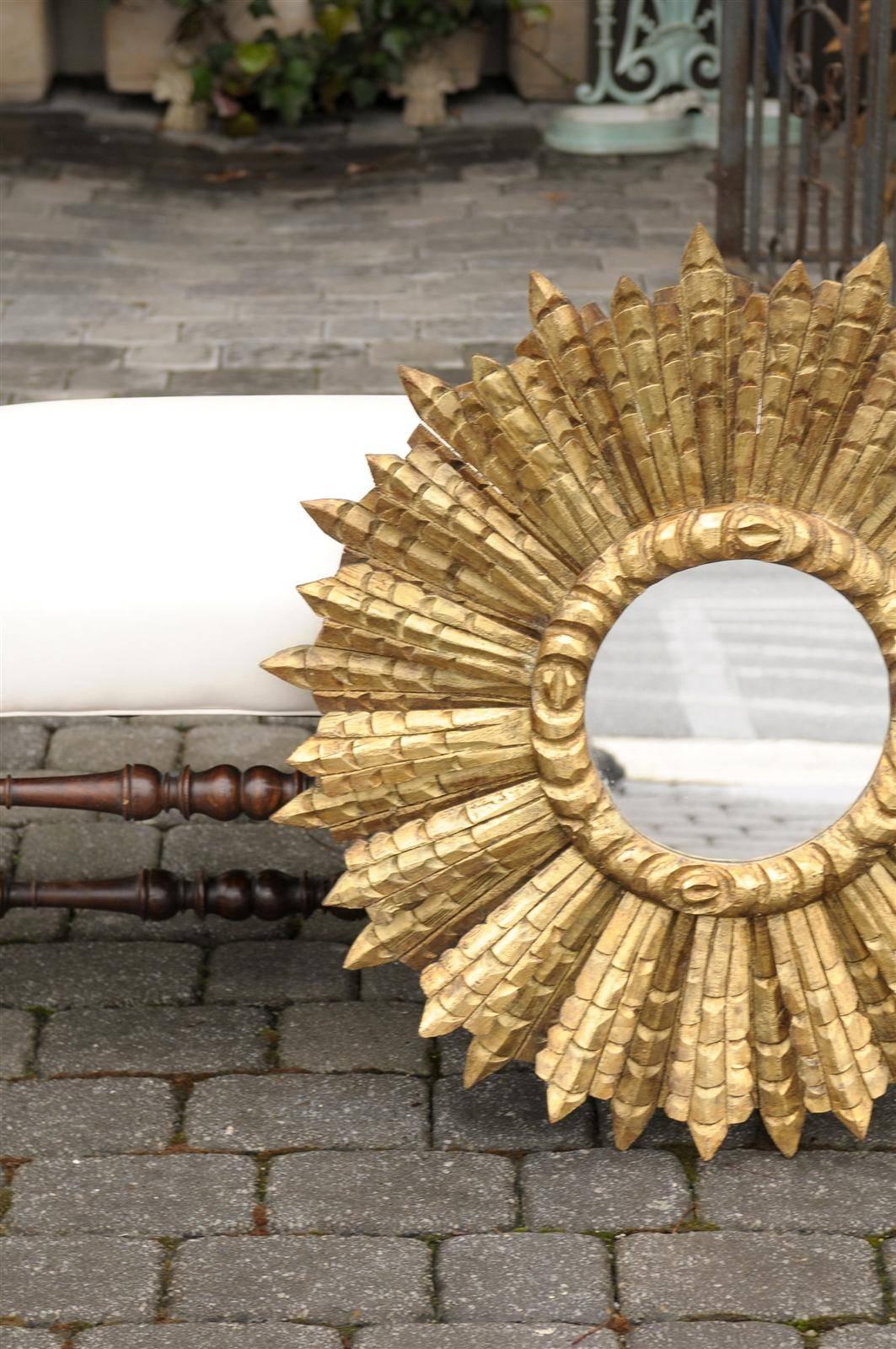 20th Century French Large Vintage Giltwood Sunburst Mirror with Sunrays of Variating Sizes