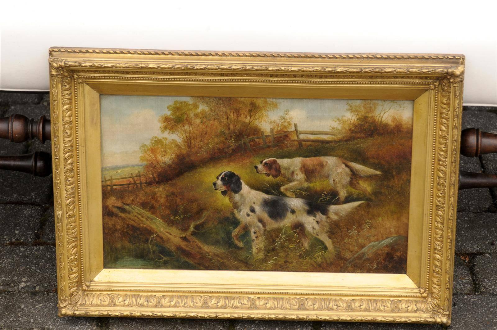 Canvas Victorian Oil Painting of Sporting Dogs by Charles Dudley, Mid 19th Century