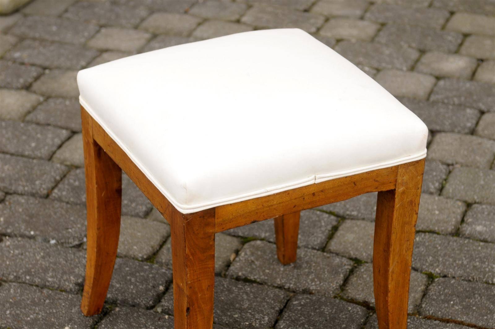 Muslin French Biedermeier Mid 19th Century Stool with Upholstered seat and Saber Legs