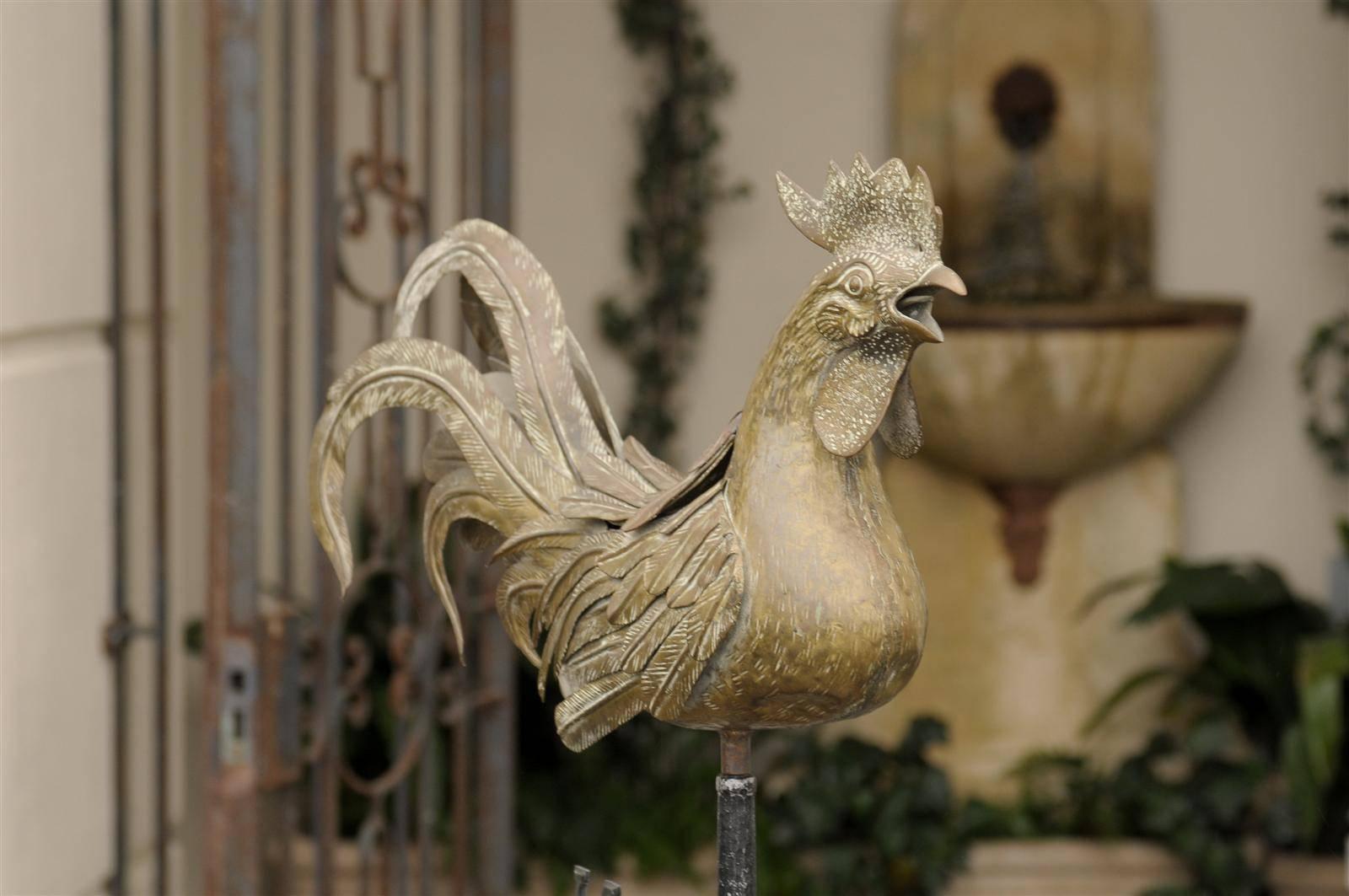 Vintage Italian Brass Rooster Weathervane on Iron Base from the Mid 20th Century In Excellent Condition In Atlanta, GA