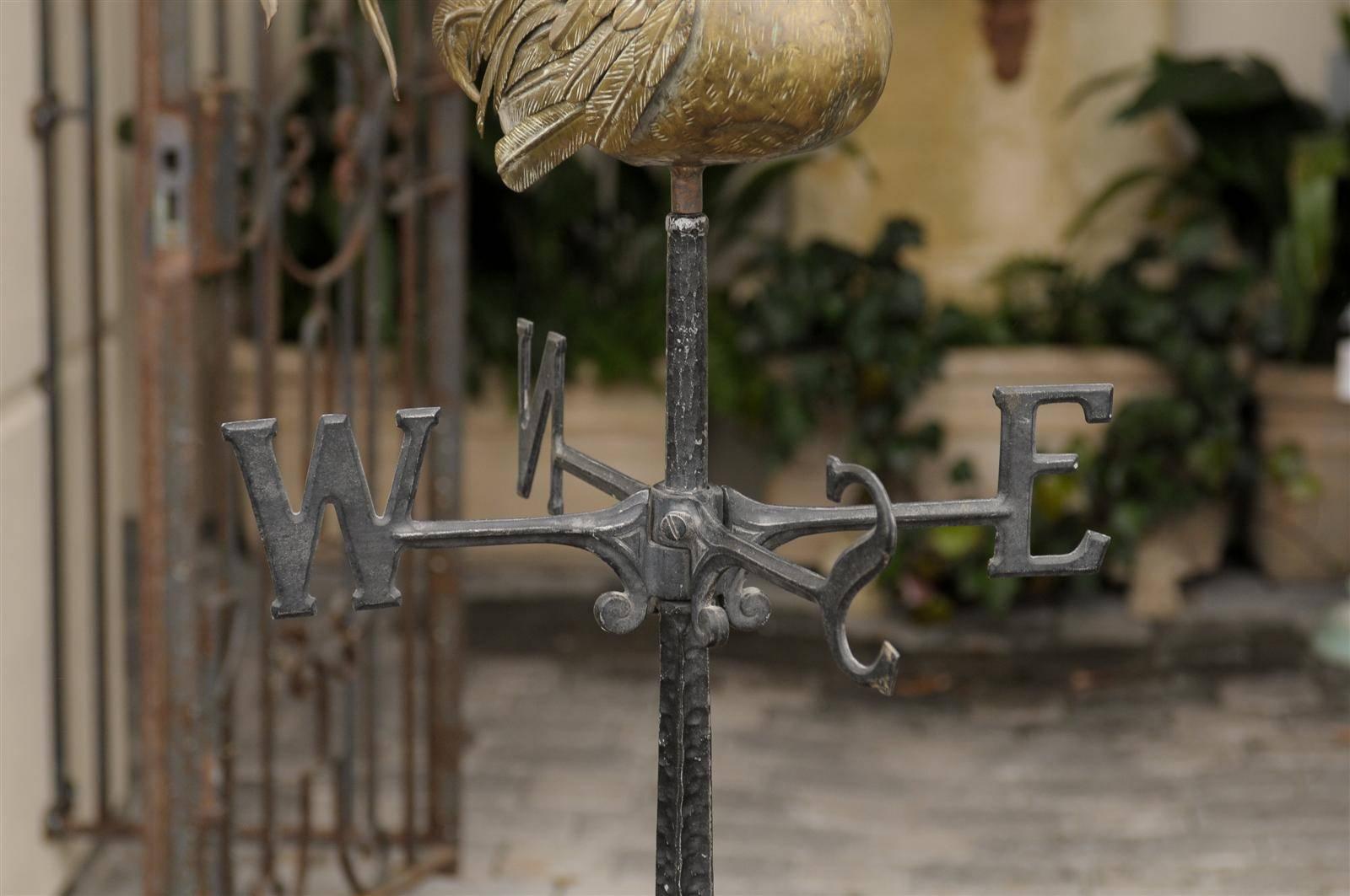 Vintage Italian Brass Rooster Weathervane on Iron Base from the Mid 20th Century 1