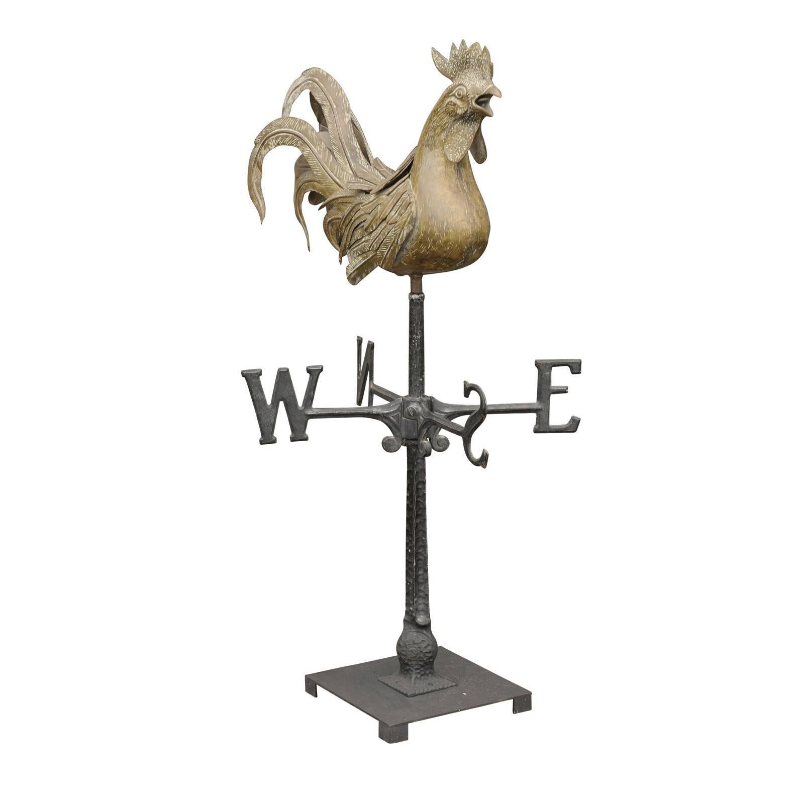Vintage Italian Brass Rooster Weathervane on Iron Base from the Mid 20th Century