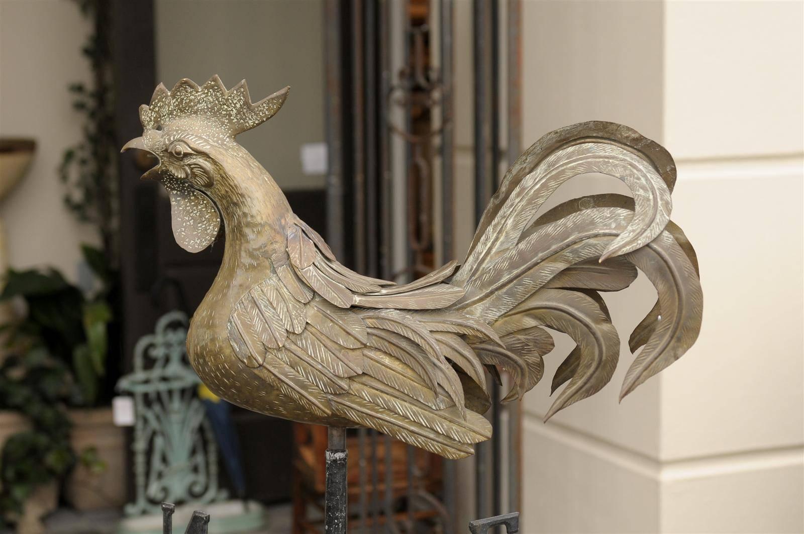 Vintage Italian Brass Rooster Weathervane on Iron Base from the Mid 20th Century 5