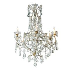 Italian Six-Light Early 20th Century Crystal Chandelier with Gilded Armature