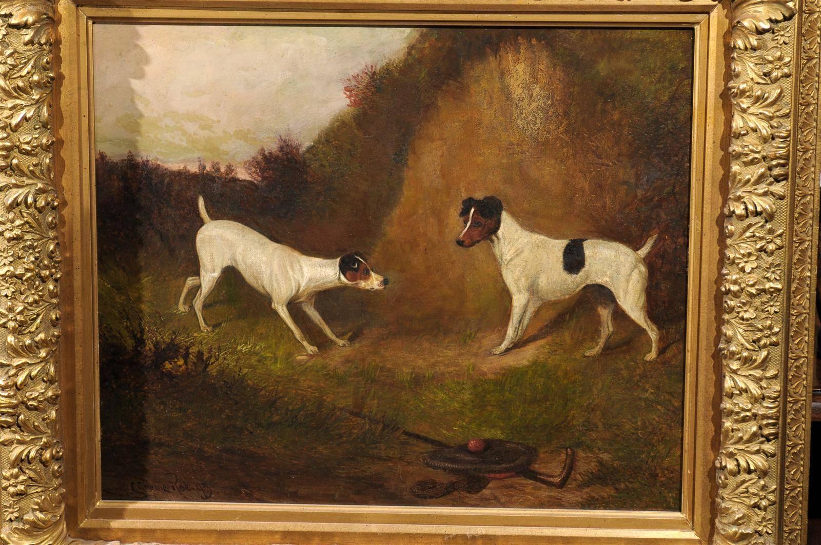 English 19th Century Oil Painting of Terriers Dogs by Artist Colin Graeme Roe 1