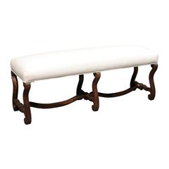 French Upholstered Long Bench with Curved Legs and Stretcher from the 1920s