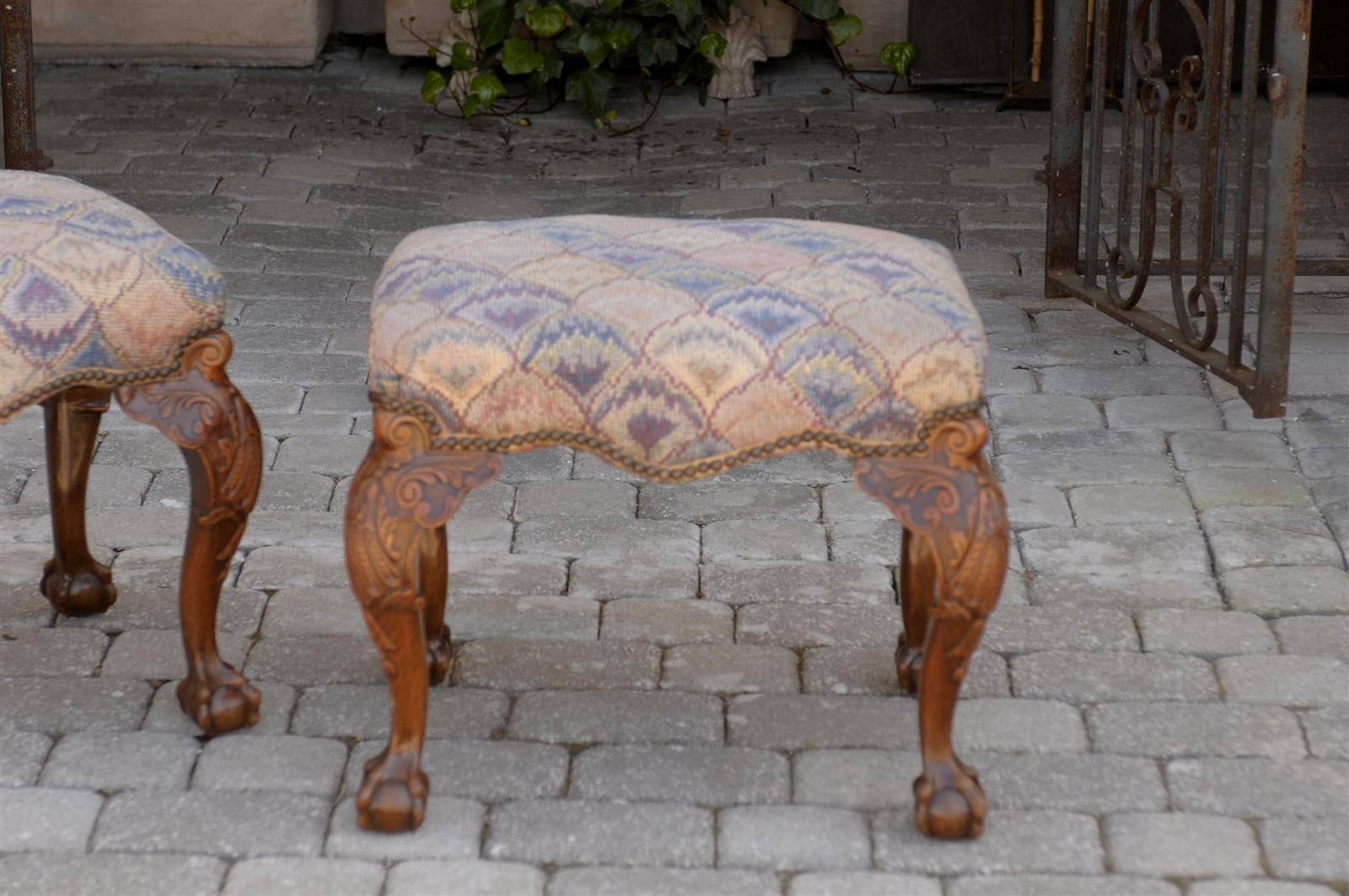Pair of English Needlepoint Upholstered Stools with Carved Cabriole Legs In Good Condition In Atlanta, GA
