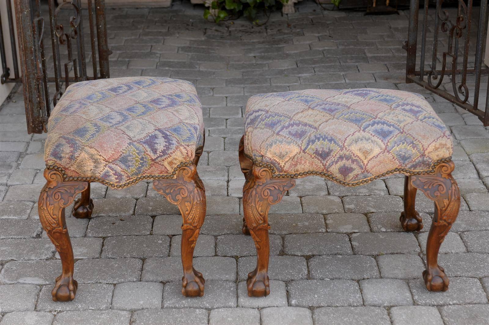 Upholstery Pair of English Needlepoint Upholstered Stools with Carved Cabriole Legs