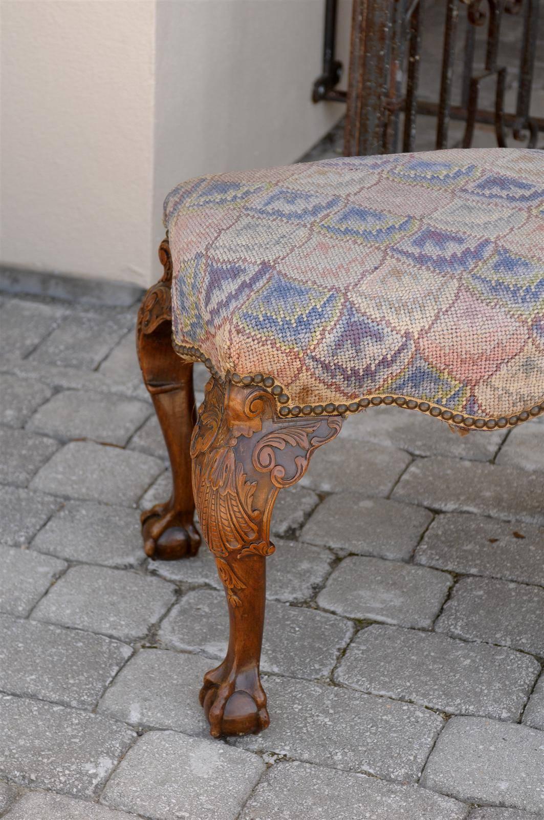 19th Century Pair of English Needlepoint Upholstered Stools with Carved Cabriole Legs