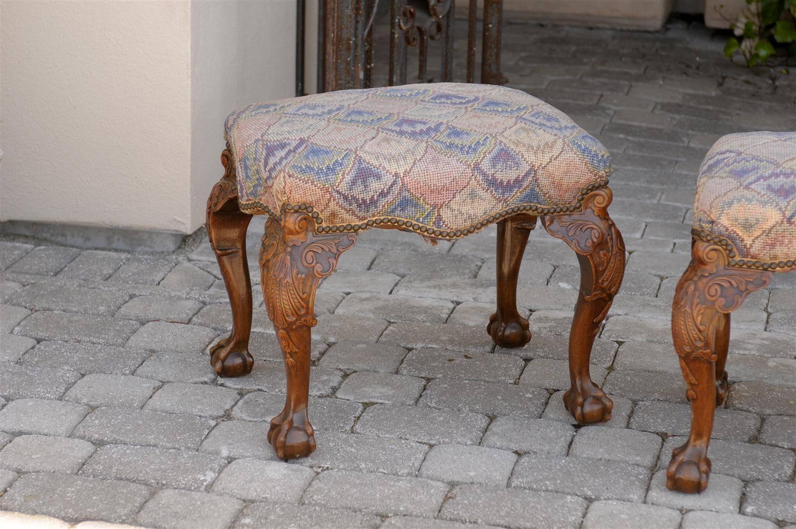 Pair of English Needlepoint Upholstered Stools with Carved Cabriole Legs 2