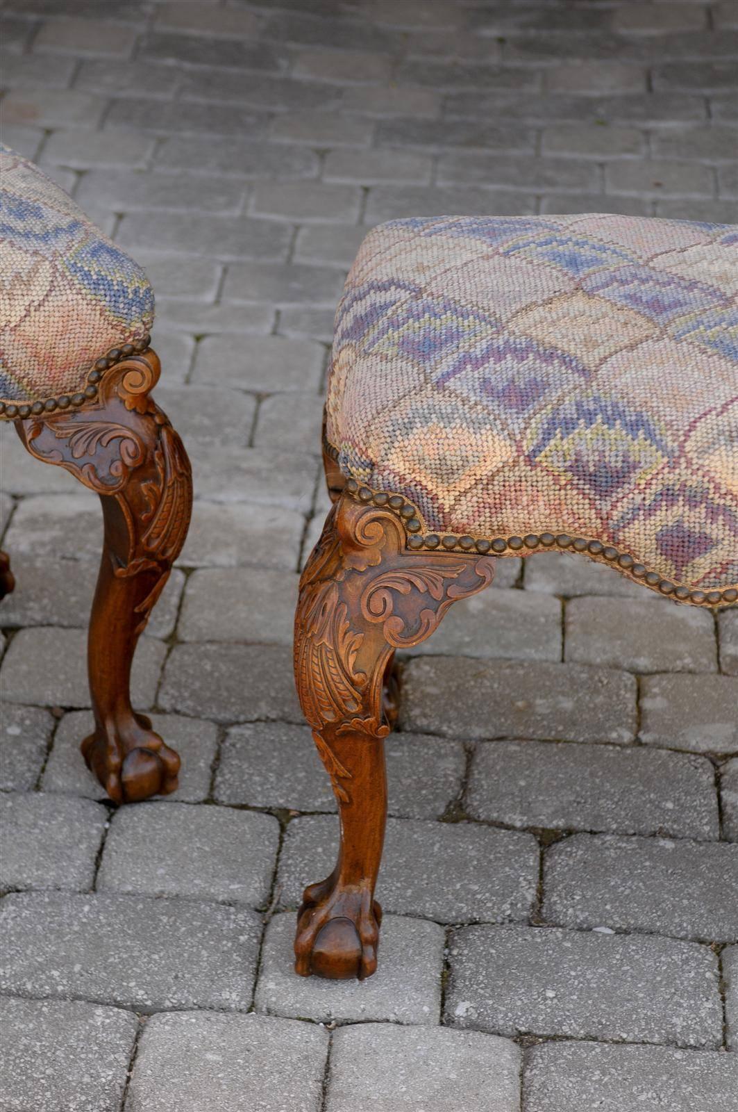 Pair of English Needlepoint Upholstered Stools with Carved Cabriole Legs 1