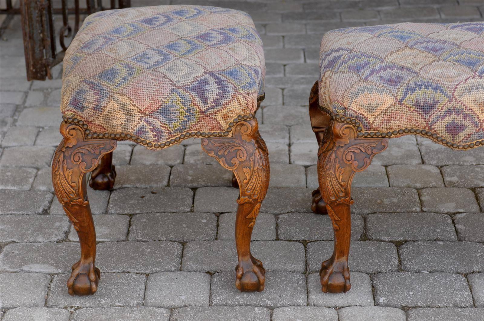 Pair of English Needlepoint Upholstered Stools with Carved Cabriole Legs 4