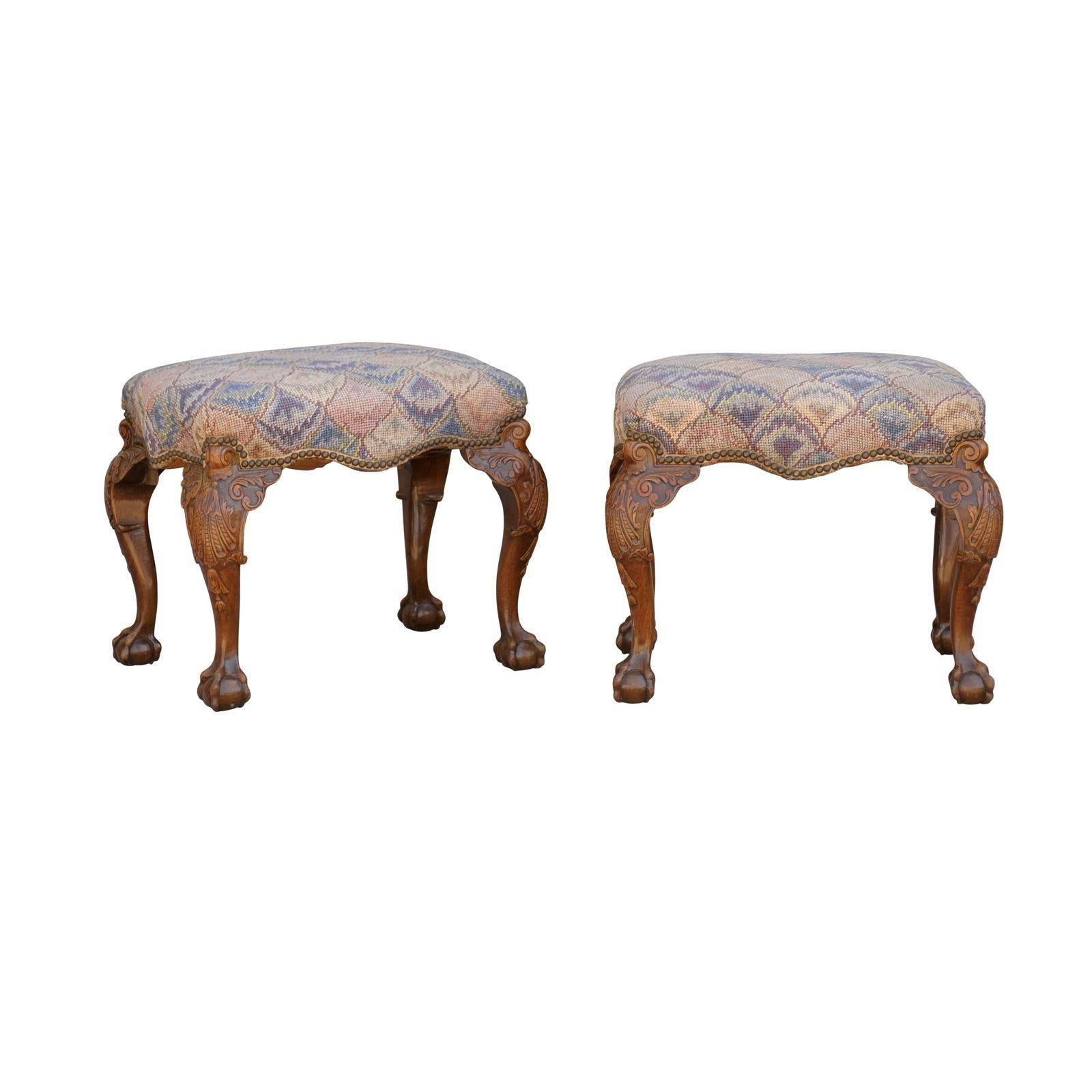 Pair of English Needlepoint Upholstered Stools with Carved Cabriole Legs
