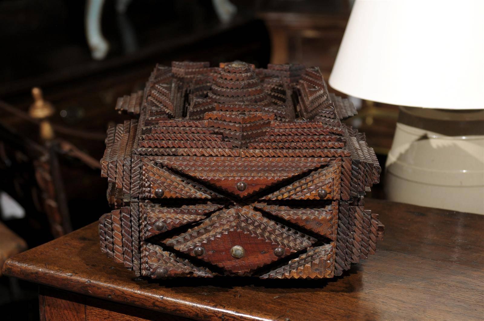 Wood Early 20th Century American Tramp Art Box with Lid and Key