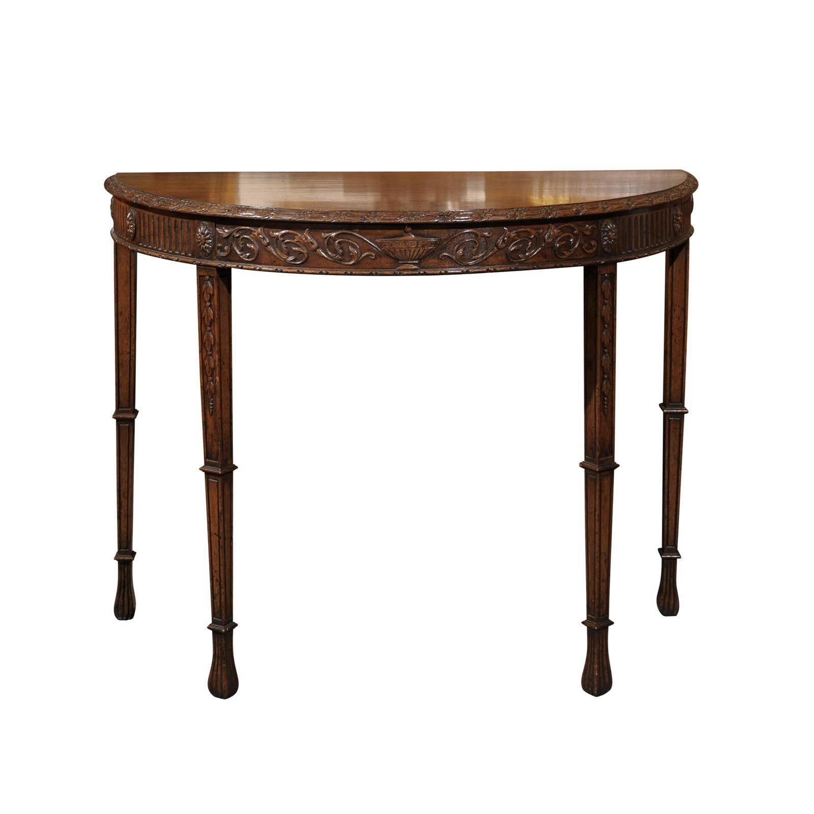 English Turn of the Century Wooden Demi-Lune Table with Carved Apron For Sale