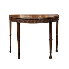 English Turn of the Century Wooden Demi-Lune Table with Carved Apron