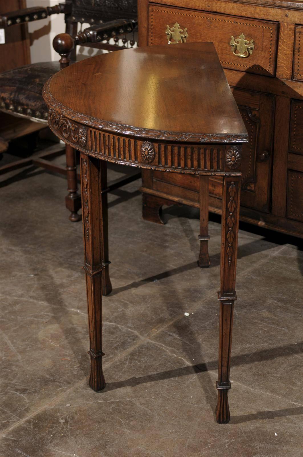 20th Century English Turn of the Century Wooden Demi-Lune Table with Carved Apron For Sale
