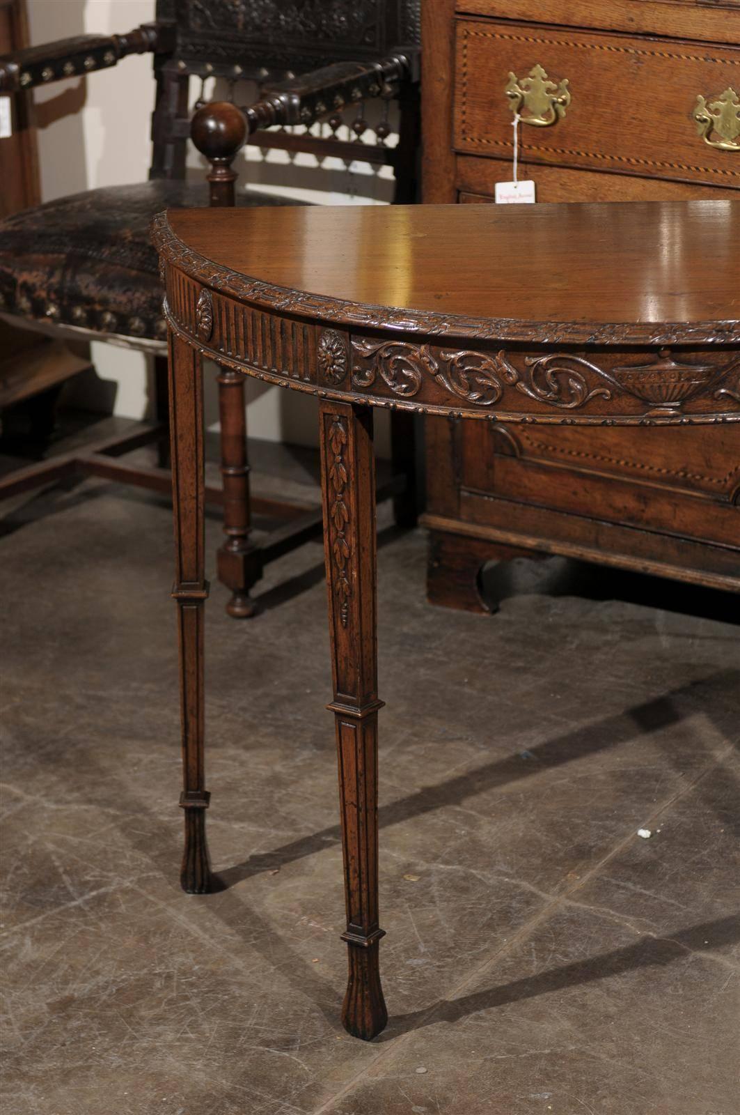 English Turn of the Century Wooden Demi-Lune Table with Carved Apron For Sale 1