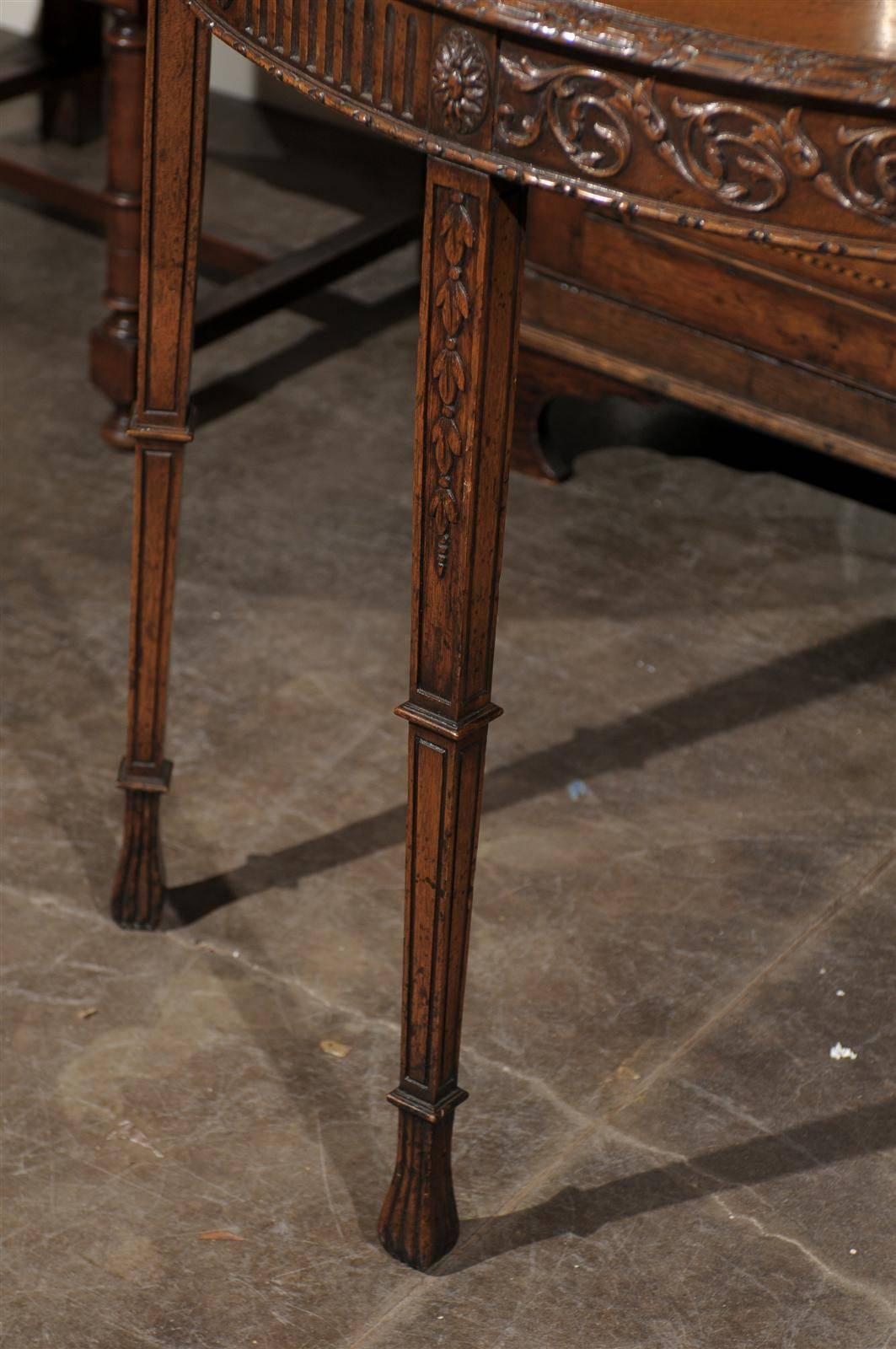 English Turn of the Century Wooden Demi-Lune Table with Carved Apron For Sale 4