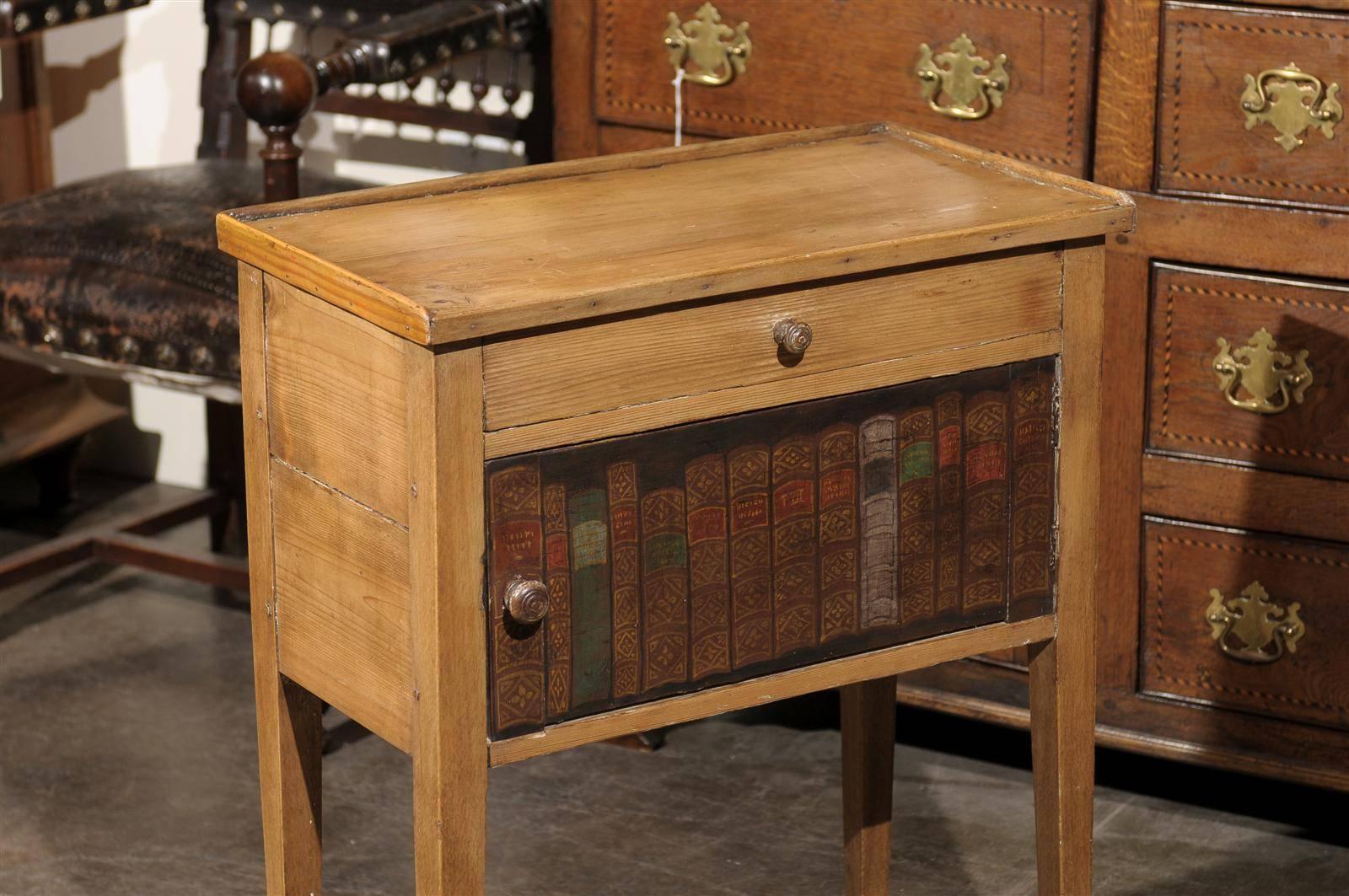 English Pine Side Table with Drawer and Faux Book Door from the 19th Century 2