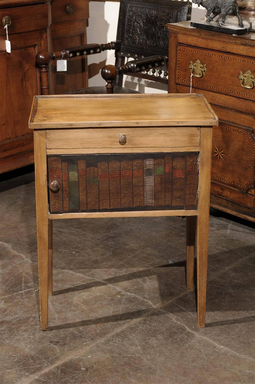 English Pine Side Table with Drawer and Faux Book Door from the 19th Century 6