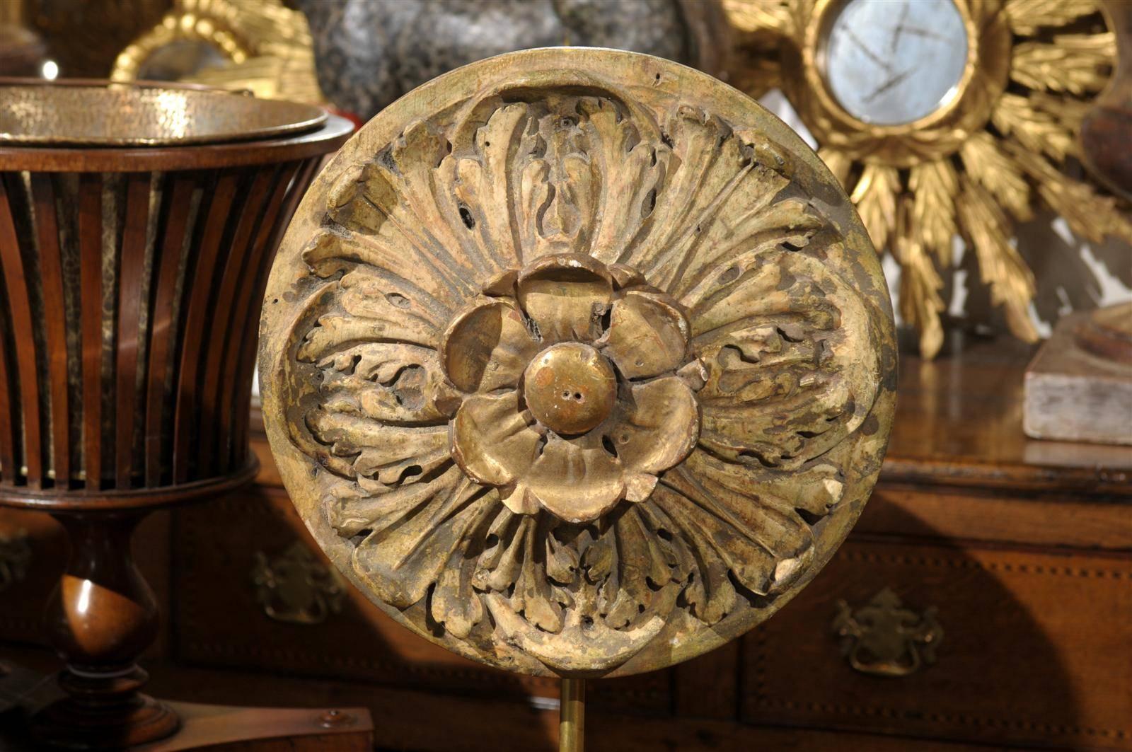 French Carved Giltwood Medallion on Lucite Base from the Late 19th Century 1