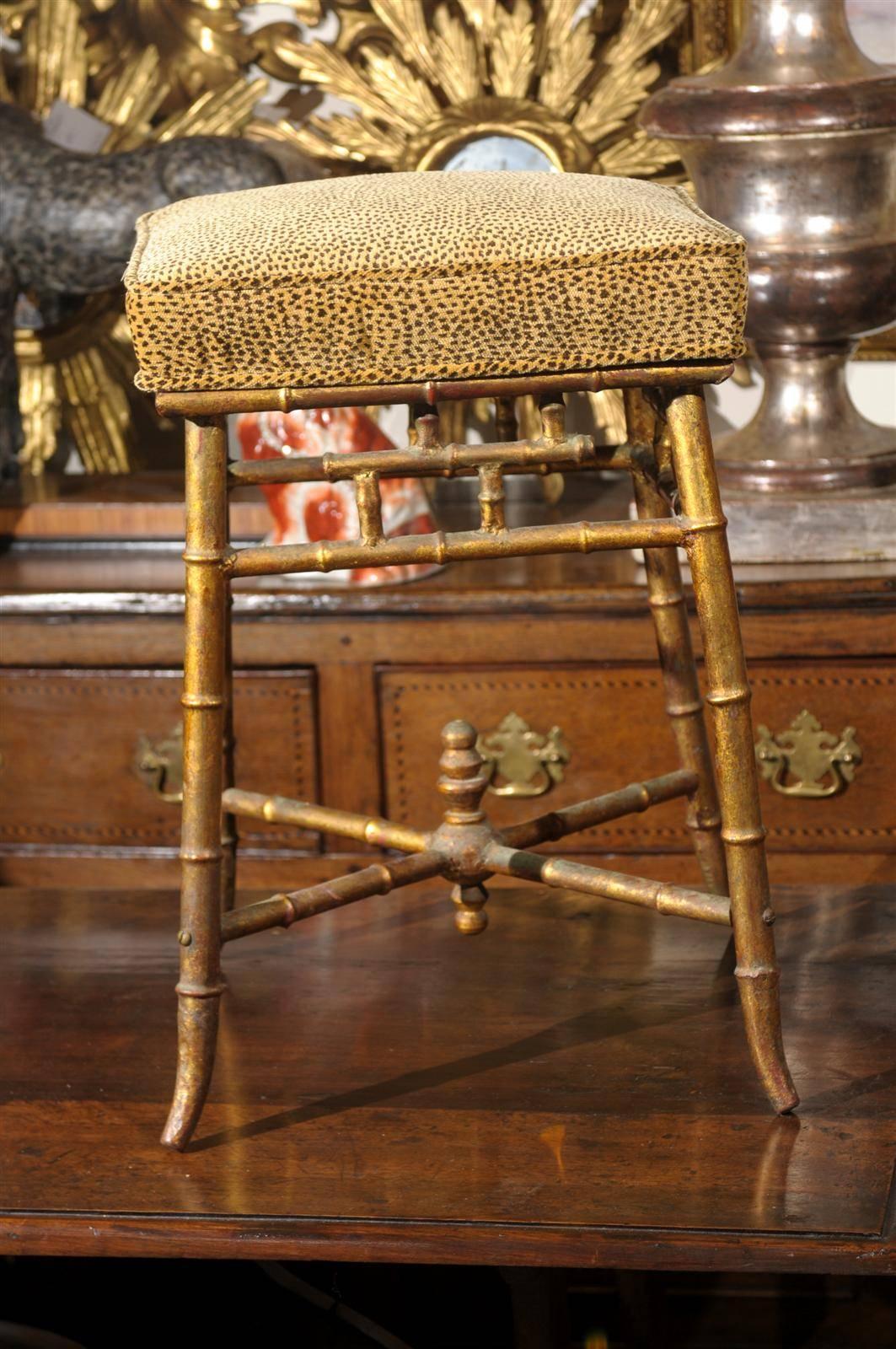 Chinoiserie Italian Gilt Iron Faux-Bamboo Stool with Animal Print Upholstery from the 1950s