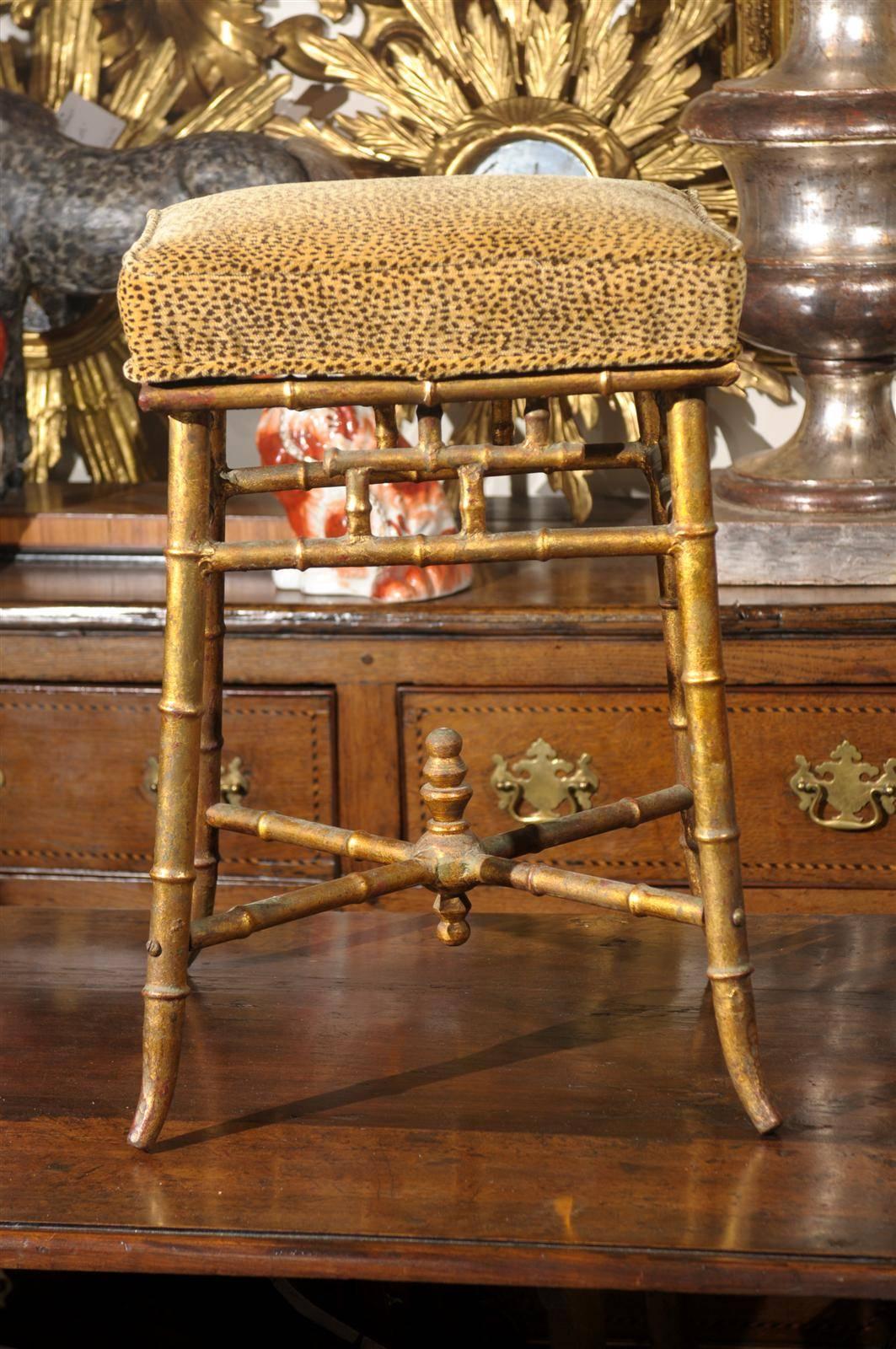 Italian Gilt Iron Faux-Bamboo Stool with Animal Print Upholstery from the 1950s In Good Condition In Atlanta, GA