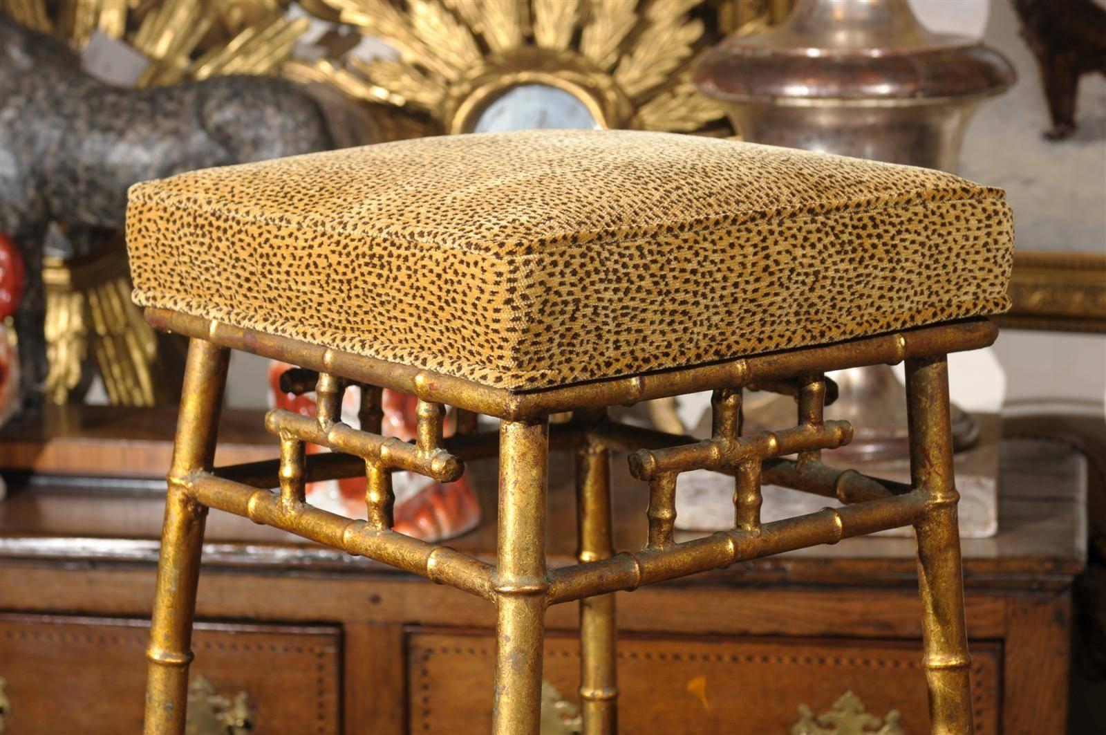 20th Century Italian Gilt Iron Faux-Bamboo Stool with Animal Print Upholstery from the 1950s